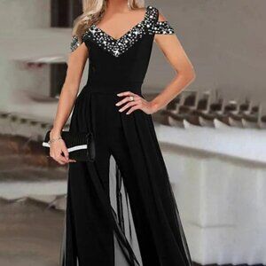 V-neck off the shoulder high waisted black jumpsuit